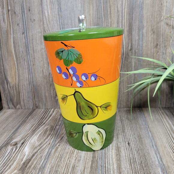 Retro Lacquer Ware Stacking Bowls, Fruit Decor w/Lid - Picture 2 of 4